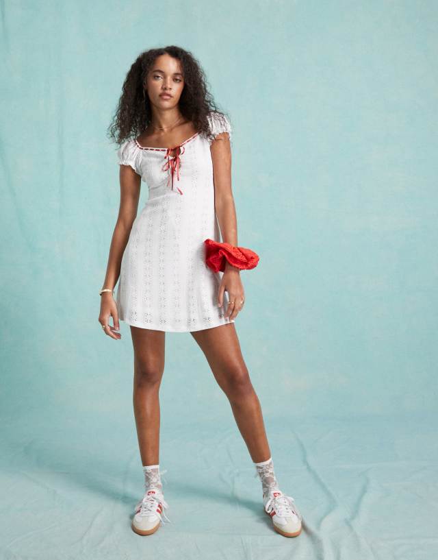 Miss Selfridge milkmaid mini dress with contrast ribbons in ivory