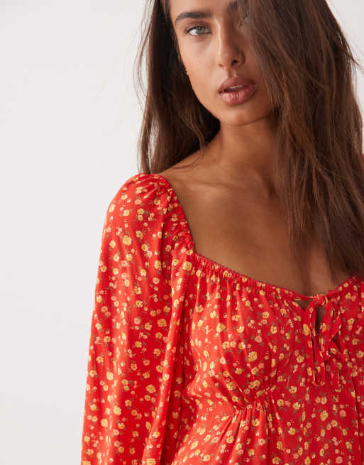 Miss Selfridge milkmaid mini tea dress in red ditsy, 3 of 4