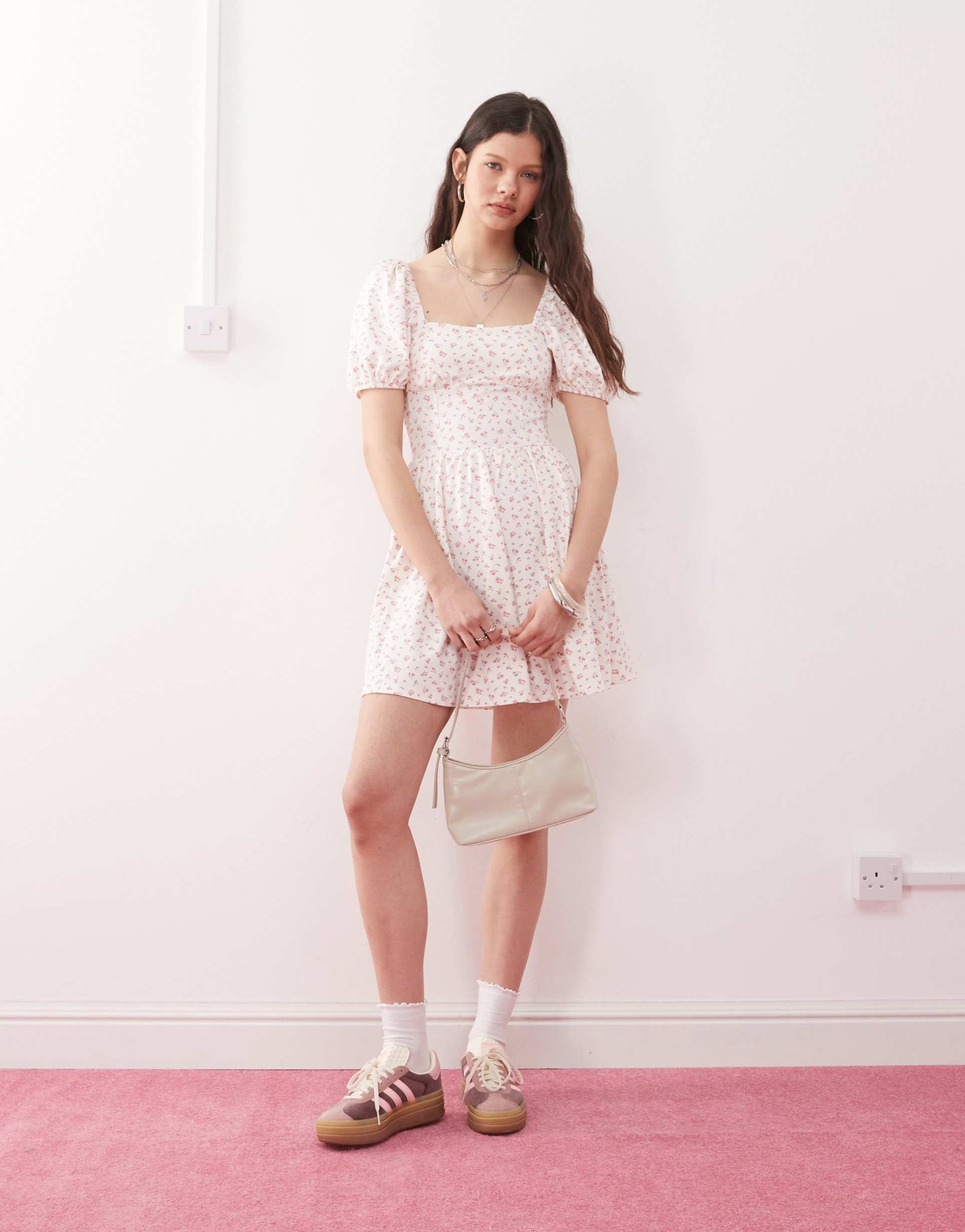 miss selfridge milkmaid puff sleeve mini dress in light delicate floral print