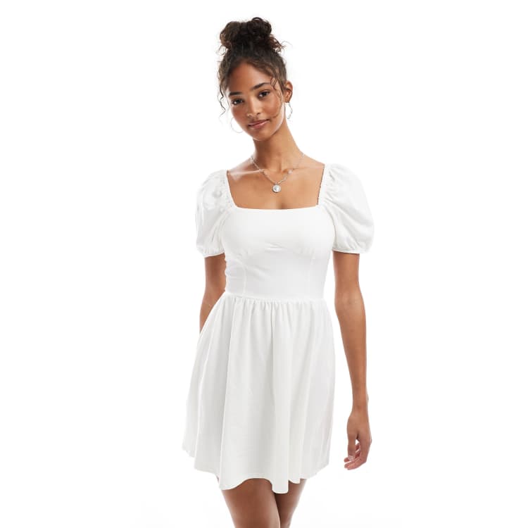 Miss Selfridge milkmaid puff sleeve mini dress in white | ASOS