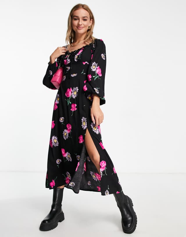 Miss Selfridge milkmaid tie front midi dress in large floral