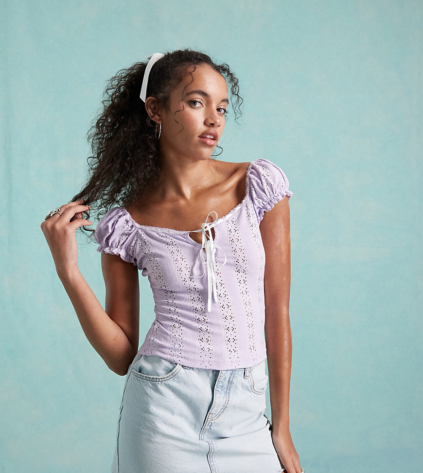 Miss Selfridge Milkmaid Top In Lilac With Contrast Ribbons-purple