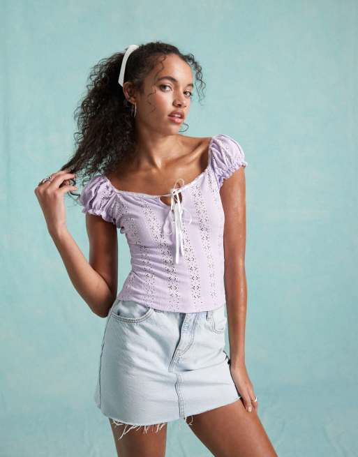  Miss Selfridge milkmaid top in lilac with contrast ribbons