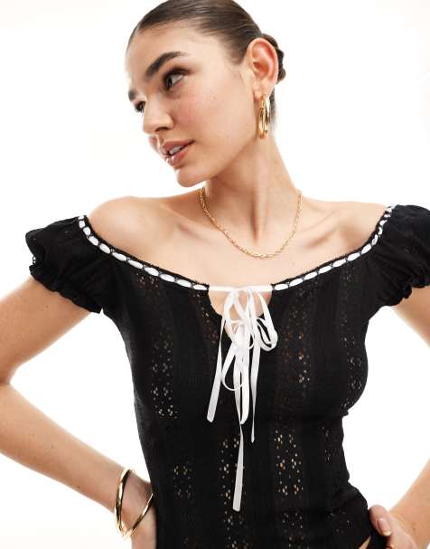 Miss Selfridge milkmaid top in white with contrast ribbons in black - view 1