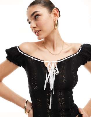 miss selfridge milkmaid top in white with contrast ribbons in black