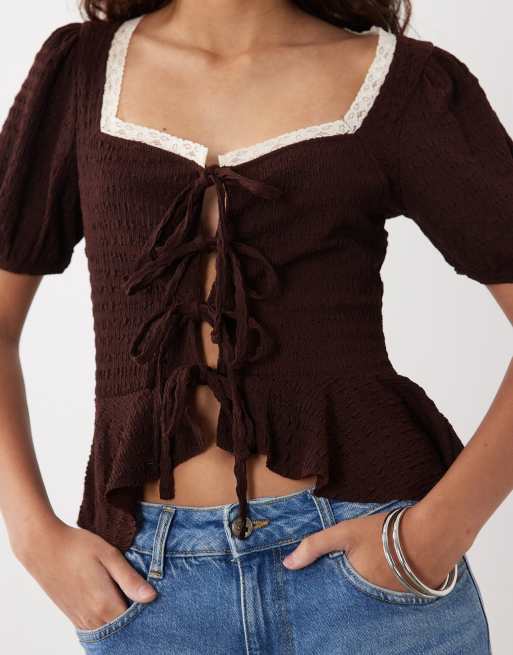 Miss Selfridge milkmaid top with lace and tie front detail in chocolate brown, 3 of 4
