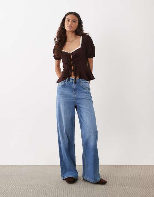 Miss Selfridge milkmaid top with lace and tie front detail in chocolate brown, 4 of 4