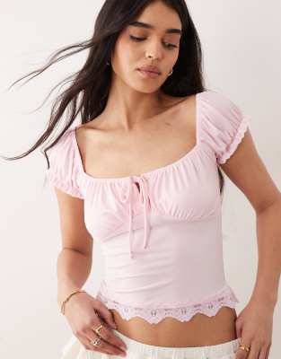 Miss Selfridge Milkmaid Top With Lace Hem In Pink