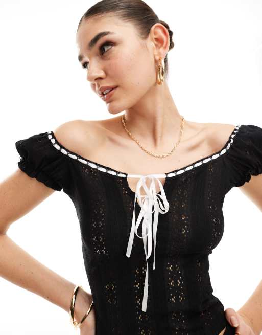 Miss Selfridge milkmaid top with white contrast ribbons in black