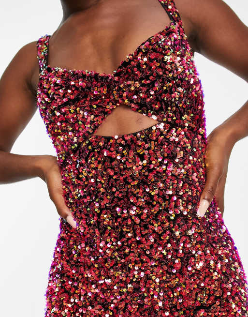 Miss Selfridge - Mini-bodyconjurk met lovertjes en brede bandjes in rood, 4 van 4