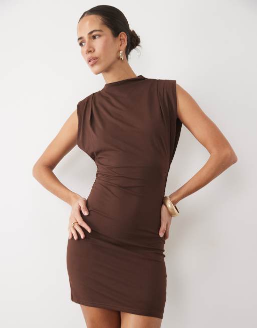 Miss Selfridge mini dress with high neck in chocolate brown, 2 of 4