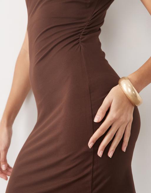 Miss Selfridge mini dress with high neck in chocolate brown, 3 of 4