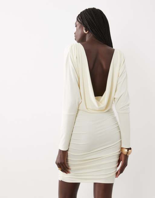 Miss Selfridge mini dress with low cowl back in cream, 2 of 4