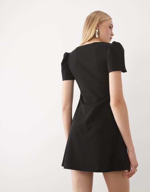 Miss Selfridge mini dress with puff sleeve in black, 4 of 4