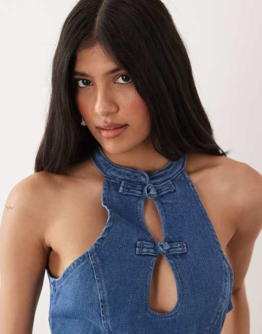 Miss Selfridge – Mini-Jeanskleid in Indigoblau mit Mandarinkragen, 3 von 4