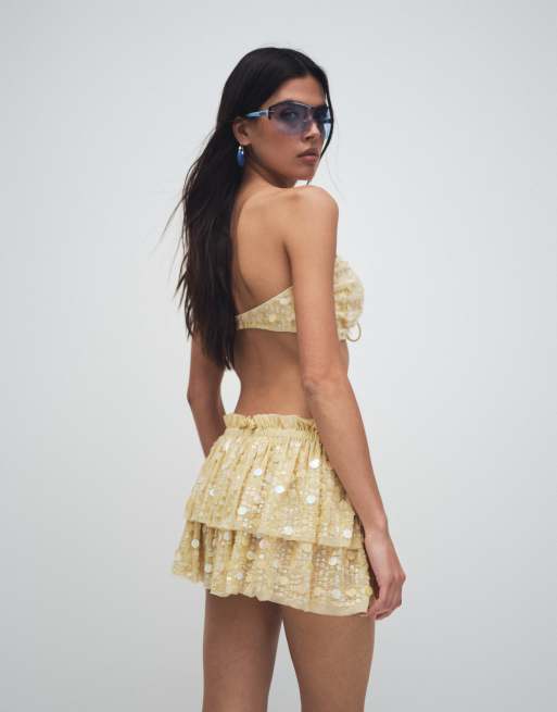 Miss Selfridge - Mini-jupe de plage de qualité supérieure à volants et sequins - Beurre, 3 de 9