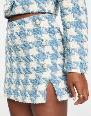 Miss Selfridge - Mini-jupe d'ensemble boutonnée à motif pied-de-poule - Bleu | ASOS