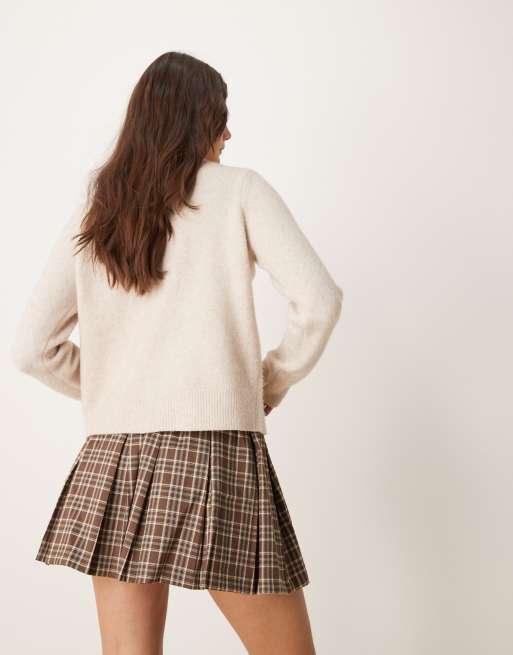 Miss Selfridge - Mini-jupe plissée habillée d'ensemble à carreaux avec bord côtelé - Marron, 3 de 5