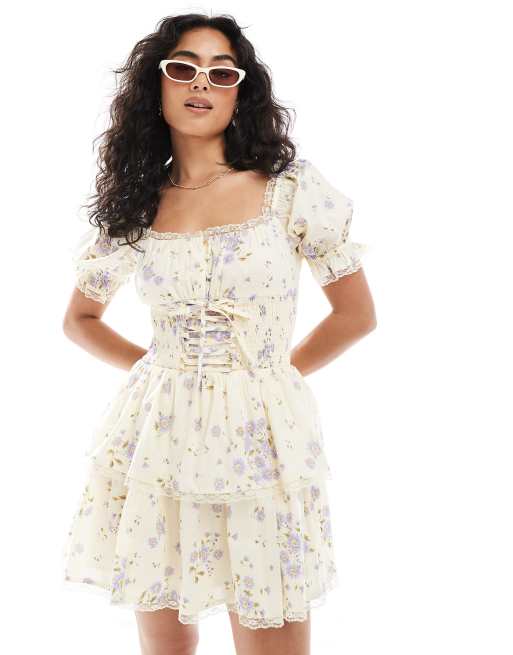 Miss Selfridge - Mini jurk met korset in fijne print, 4 van 4