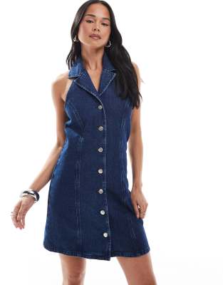Miss Selfridge - Mini jurk met kraagje en halternek in mid wash - view 1