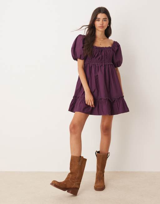 Miss Selfridge - Mini jurk met pofmouwen in pruimenpaars, 2 van 4