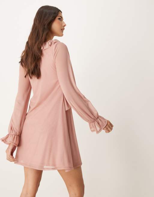 Miss Selfridge - Mini jurk met ruches en lange mouwen in beigeroze, 3 van 4