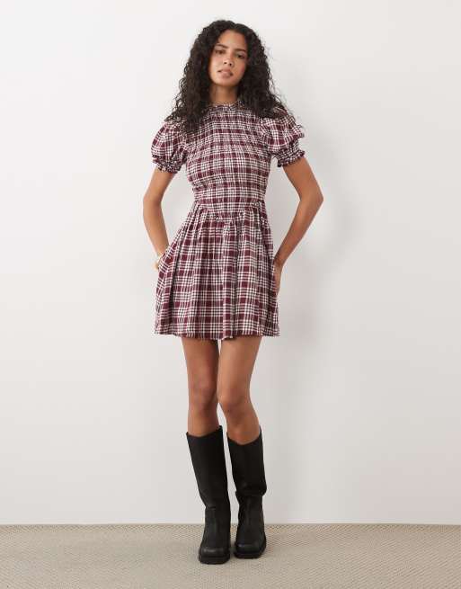 Miss Selfridge mini jurk met smok en pofmouwen in ruit, 2 van 4