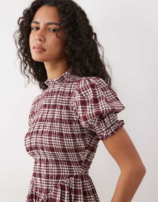 Miss Selfridge mini jurk met smok en pofmouwen in ruit, 3 van 4