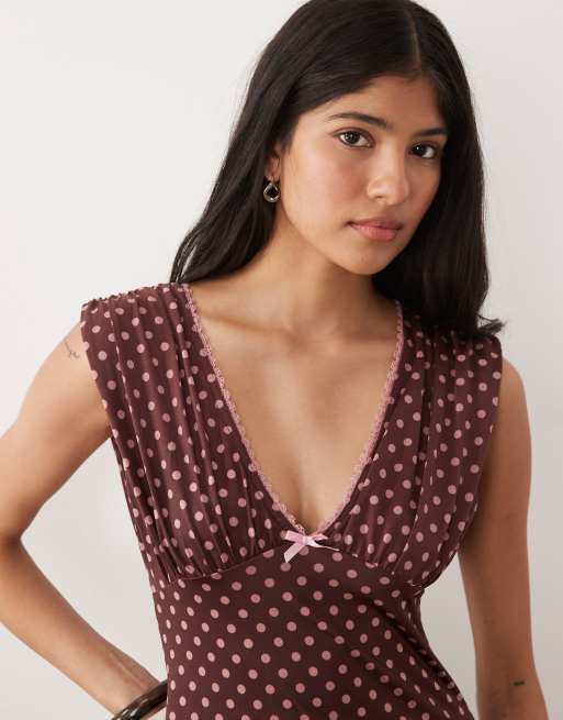 Miss Selfridge - Mini jurk met V-hals, picotrandje en stippenprint, 2 van 4