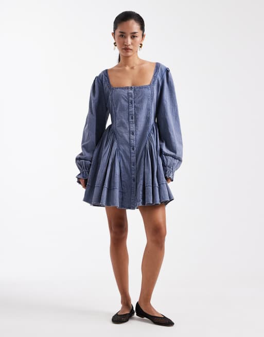 Miss Selfridge - Mini jurk van chambray met lange mouwen in blauwe wassing, 2 van 4