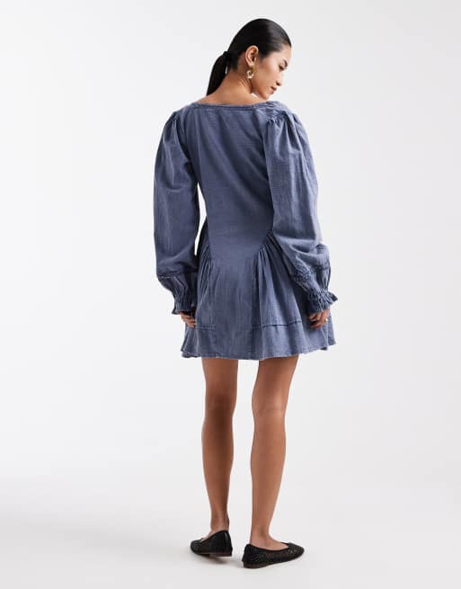 Miss Selfridge - Mini jurk van chambray met lange mouwen in blauwe wassing, 4 van 4
