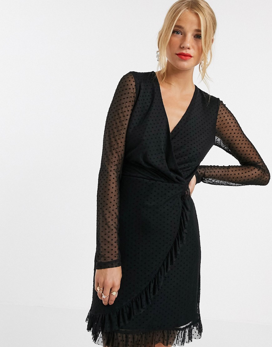 Miss Selfridge - Mini-jurk van mesh met fijn motief in zwart