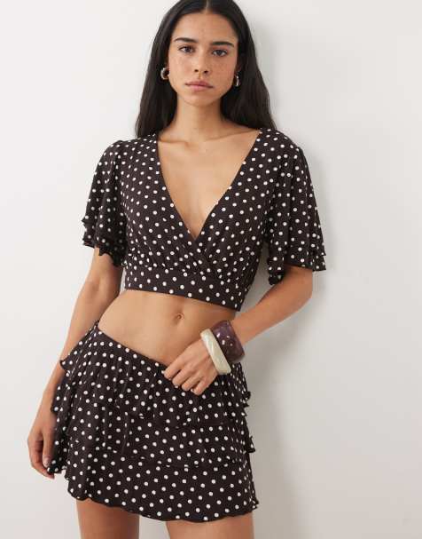 Miss Selfridge mini rara skort in chocolate polka dot - part of a set - view 1