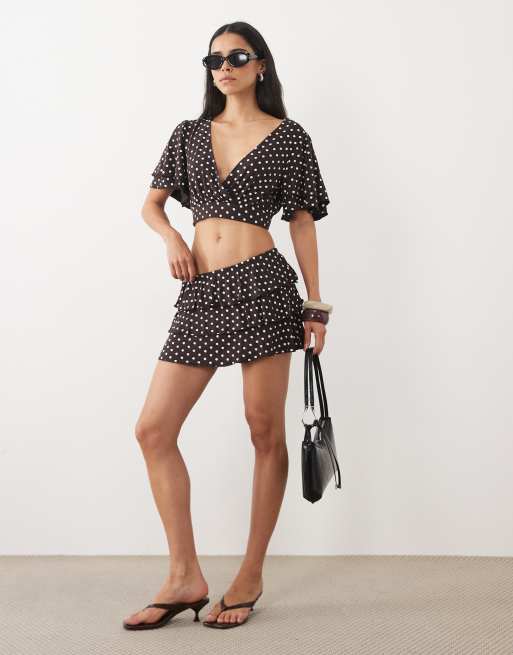 Miss Selfridge mini rara skort in chocolate polka dot - part of a set, 3 of 5