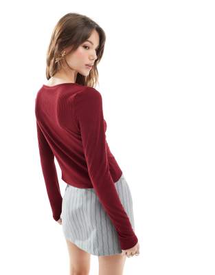 Miss Selfridge Mini Rib Lace Up Long Sleeve Top In Red