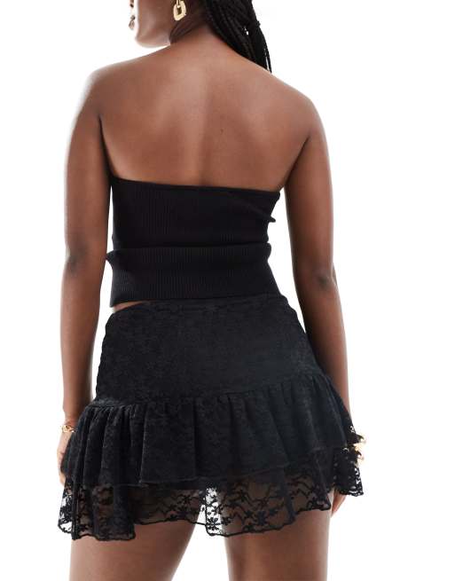 Miss Selfridge - Mini rokje met kanten ruche in zwart, 2 van 5