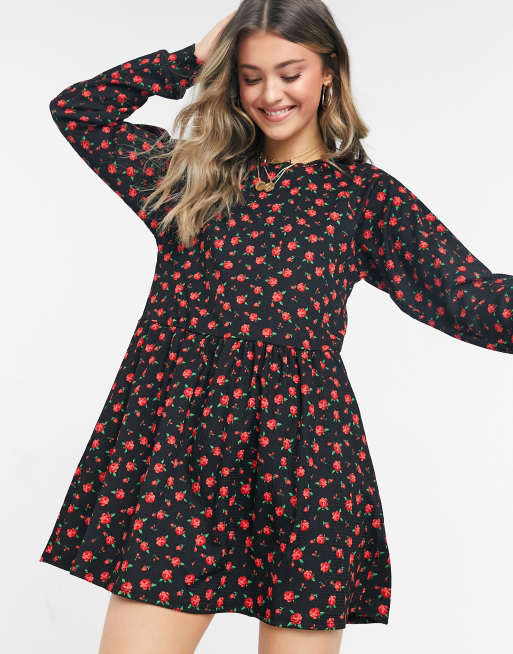 miss selfridge frill hem mini dress in black floral