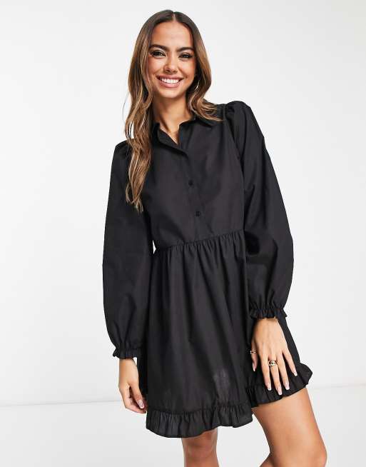 Miss Selfridge - Mini smockjurk van popeline met zoom met ruches in zwart, 2 van 4
