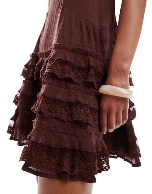 Miss Selfridge - Mini strandjurk van kaasdoek met verlaagde taille in chocoladebruin, 3 van 4