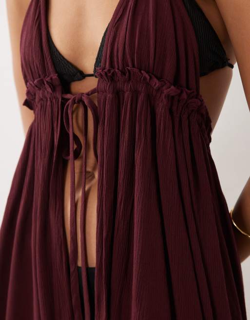 Miss Selfridge – Mini-Strandkleid in Pflaume mit gebundener Vorderseite und Neckholder, 3 von 4