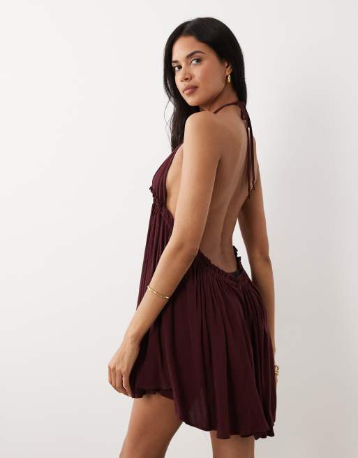 Miss Selfridge – Mini-Strandkleid in Pflaume mit gebundener Vorderseite und Neckholder, 4 von 4