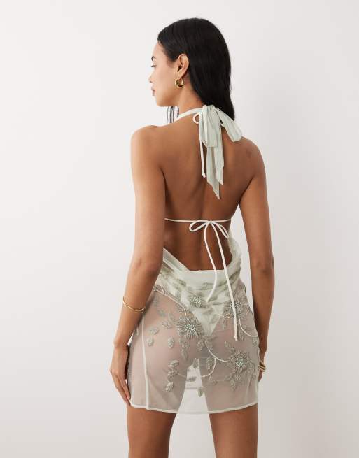 Miss Selfridge – Mini-Strandkleid in Salbeigrün mit Perlenverzierung und Wasserfallausschnitt, 4 von 4