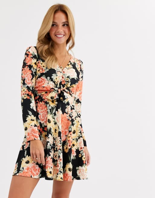 miss selfridge frill hem mini dress in black floral