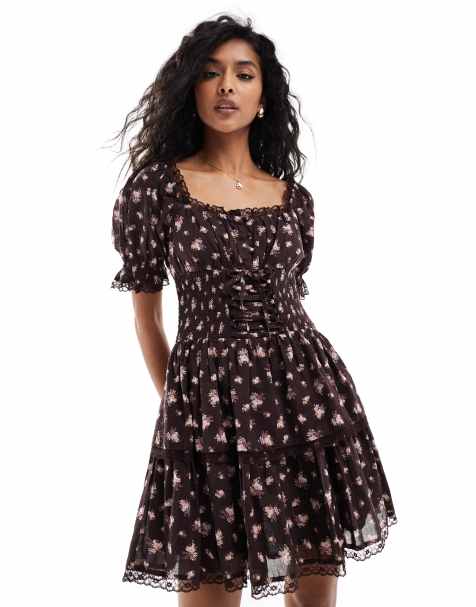 Miss Selfridge mini tiered corset dress in brown ditsy  - view 1
