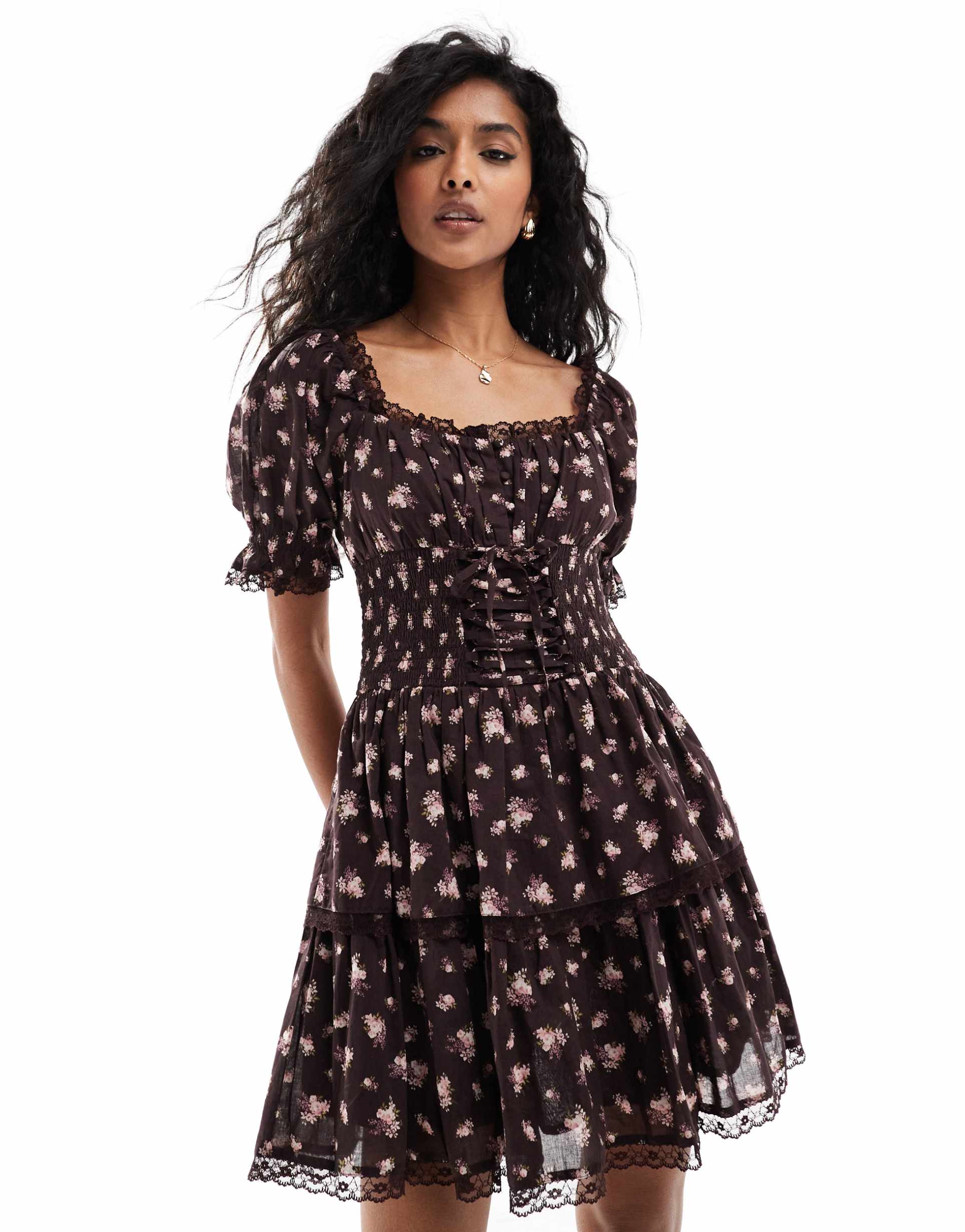 miss selfridge mini tiered corset dress in brown ditsy