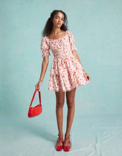 strapless open back dress Clarissa Pink Floral Lace Midi Dress – All About May
