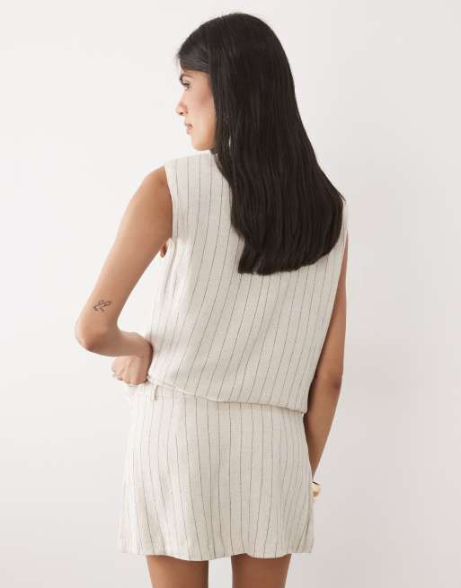 Miss Selfridge - Minifalda pantalón de sastre beis a rayas de tejido efecto lino (parte de un conjunto), 5 de 5