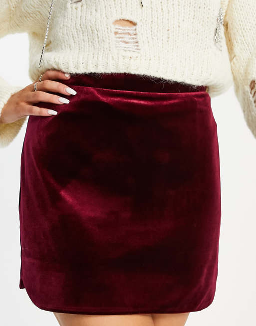 Miss Selfridge - Minigonna in velluto bordeaux , 2 di 4