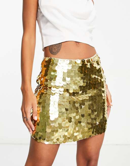 Miss Selfridge - Minigonna premium da festival in paillettes a disco color oro