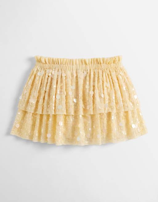 Miss Selfridge - Minigonna premium da spiaggia color burro con paillettes e volant, 7 di 9